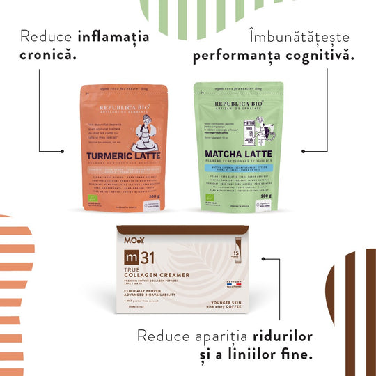 LATTE RITUAL PACK, pachet promotional (Matcha Latte + Turmeric Latte + m31 colagen creamer), natural, 505g